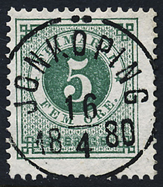 F30 5 öre grön t.13 JÖNKÖPING 16.4.1880 Lyxstämpel