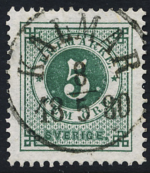 F30 5 öre grön t.13. KALMAR 8.5.1880 Praktexemplar