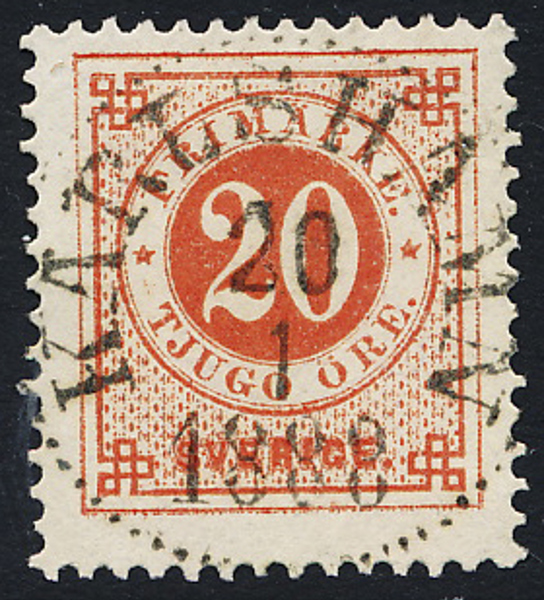 F46 20 öre röd pf KARLSHAMN 20.1.1888 Praktexemplar
