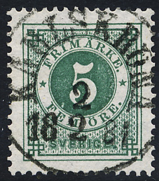 F30 5 öre grön t.13. KARLSKRONA 2.2.1881 Lyxexemplar