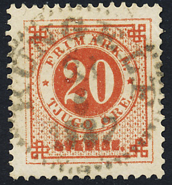 F46 20 öre röd ph KUNGELF 23.6.1887 Praktexemplar
