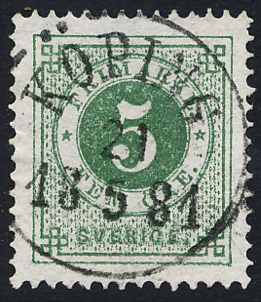 F30 5 öre grön t.13 KÖPING 21.5.1881 Prakt/Lyxexemplar