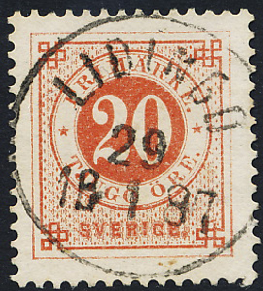 F46 20 öre röd ph LIDINGÖ 29.1.1887 Praktexemplar