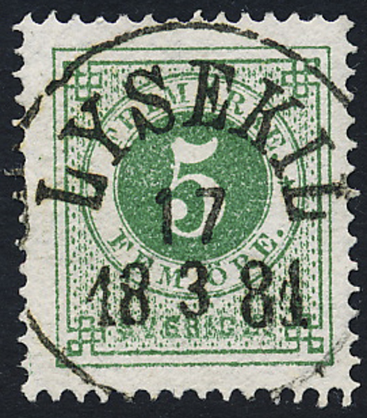 F30 5 öre grön t.13. LYSEKIL 17.3.1881 Prakt/Lyxexemplar