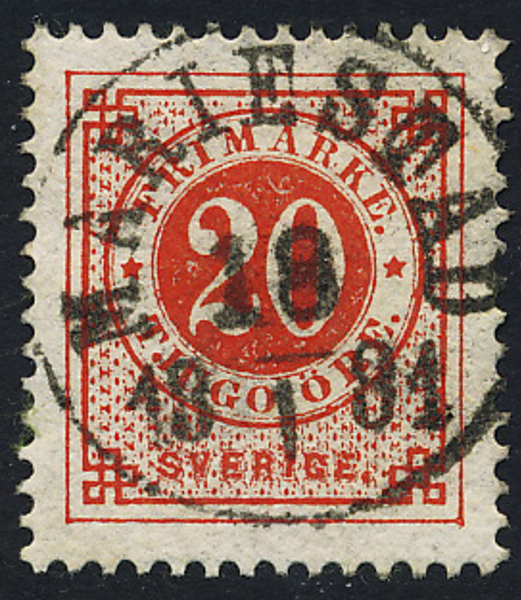 F33 20 öre röd t.13. MARIESTAD 18.1.1881 Praktexemplar
