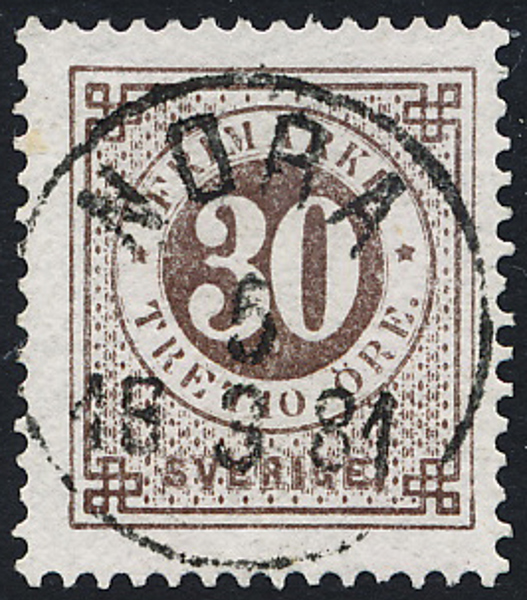 F35 30 öre brun t.13. NORA 5.3.1881 Praktexemplar
