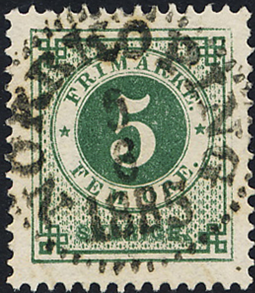 F33 5 öre grön t.13. NORRKÖPING 5.6.1885 Praktexemplar