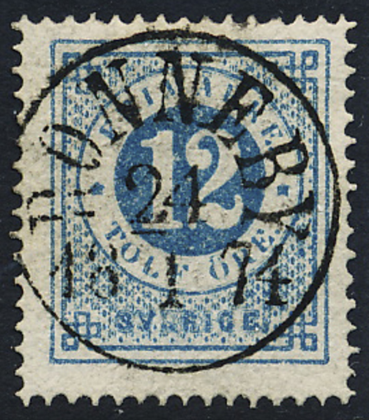 F21 12 öre blå t.14 RONNEBY 24.1.1874 Prakt/Lyxexemplar
