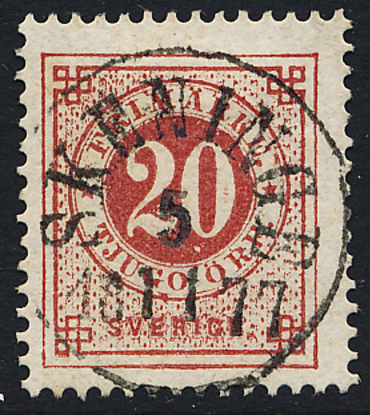 F33 20 öre röd t.13 SKENINGE 5.11.1877 Praktexemplar