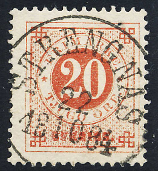 F33 20 öre röd t.13 STRENGNÄS 22.10.1885