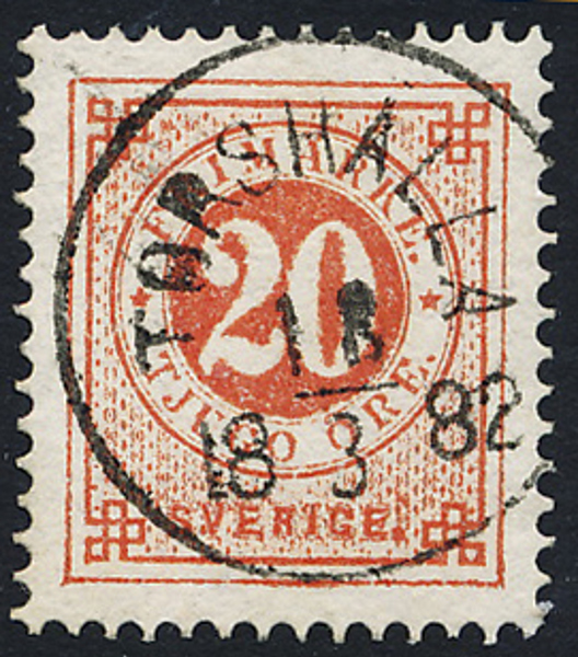 F33 20 öre röd t.13 TORSHÄLLA 18.3.1882