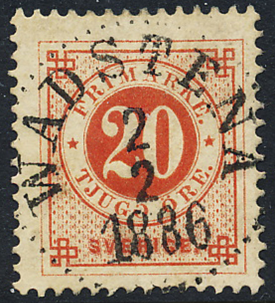 F33 20 öre röd t.13 WADSTENA 2.2.1886 Praktexemplar