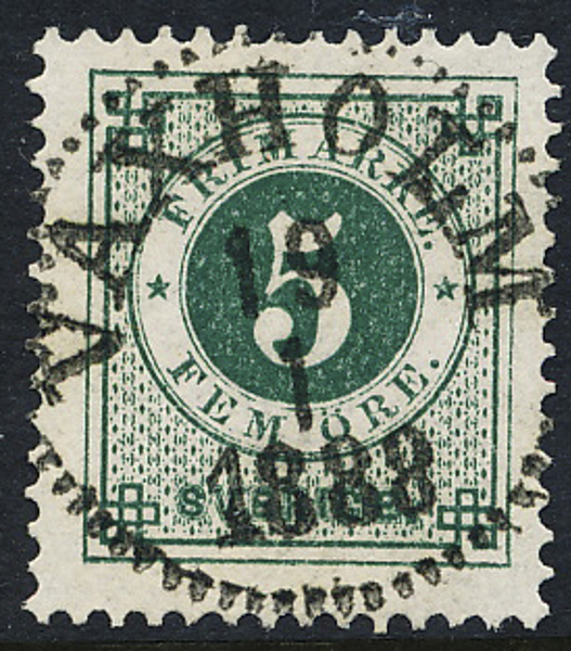 F43b 5 öre mörkgrön ph VAXHOLM 19.7.1888 (nyans O.P.) Praktexemplar