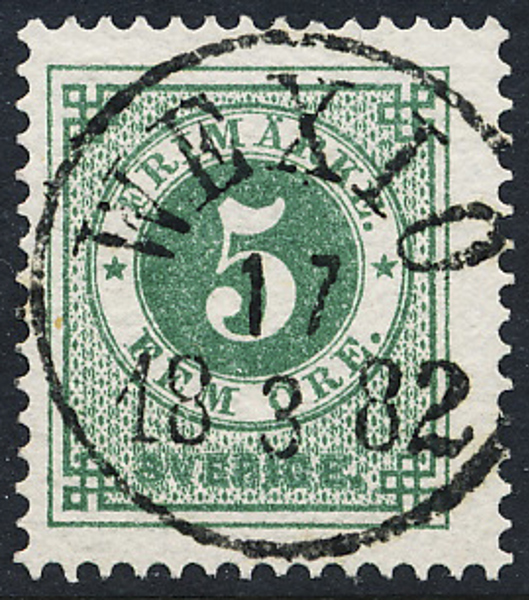 F30 5 öre grön t.13 WEXIÖ 17.3.1882