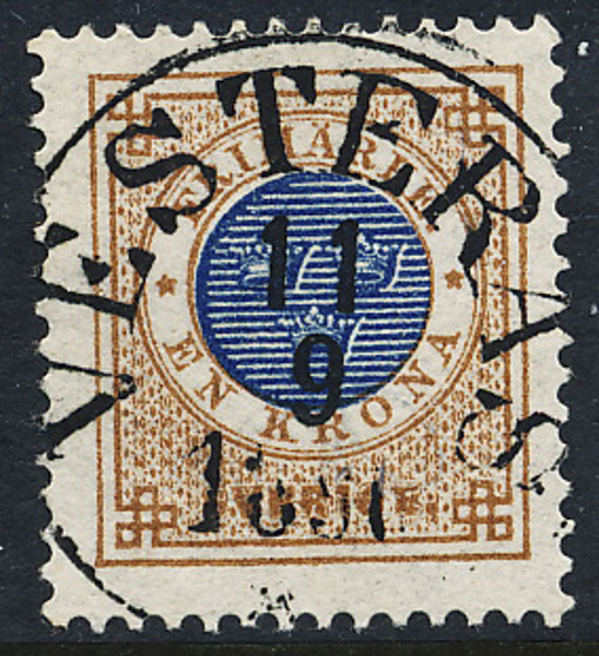 F49 1 kr brun/blå ph  VESTERÅS 11.9.1890