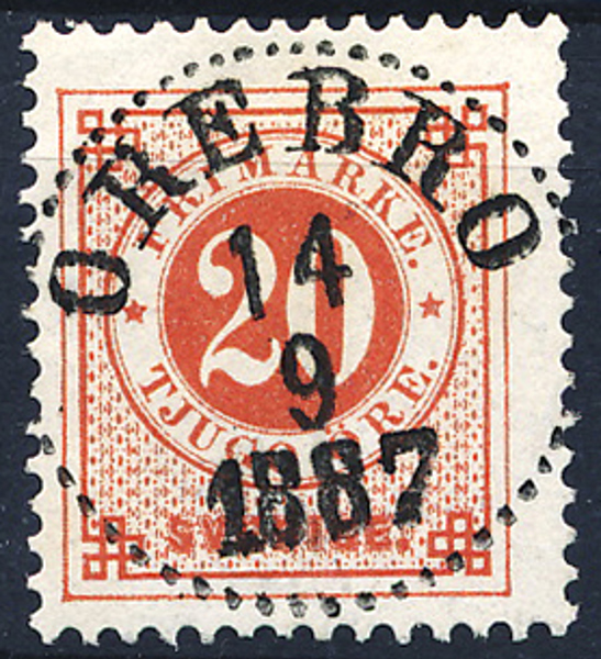  F46  20 öre röd ph ÖREBRO 14.9.1887 Lyxstämpel