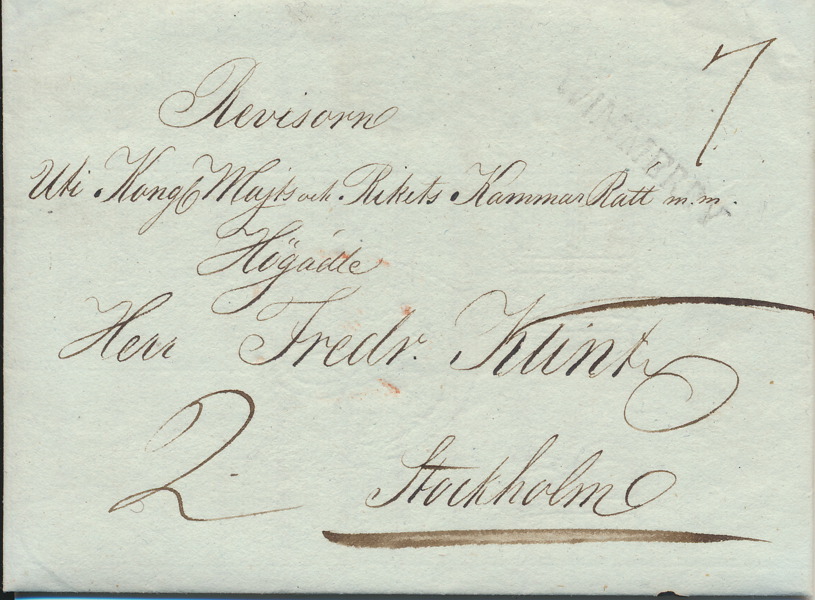 RAKSTÄMPEL WIMMERBY på brev till Stockholm 1830. Postal 1200