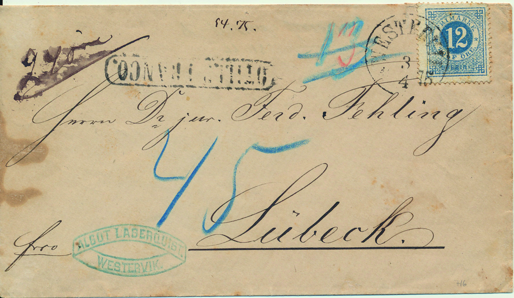 F21 12 öre blå Ringtyp t.14 på brev till Tyskland stämplat WESTERVIK 3.4.1875