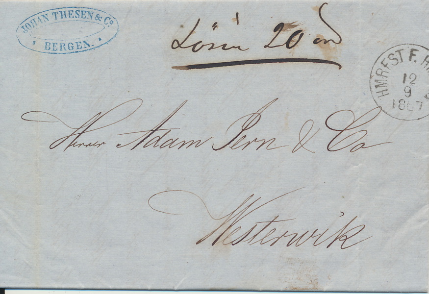 LÖSEN. Skeppsbrev med lösen 20 öre från Norge till Wimmerby 1867