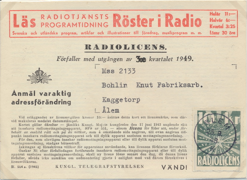 Radiolicens stämplat ÅLEM 25.9.49 N59b
