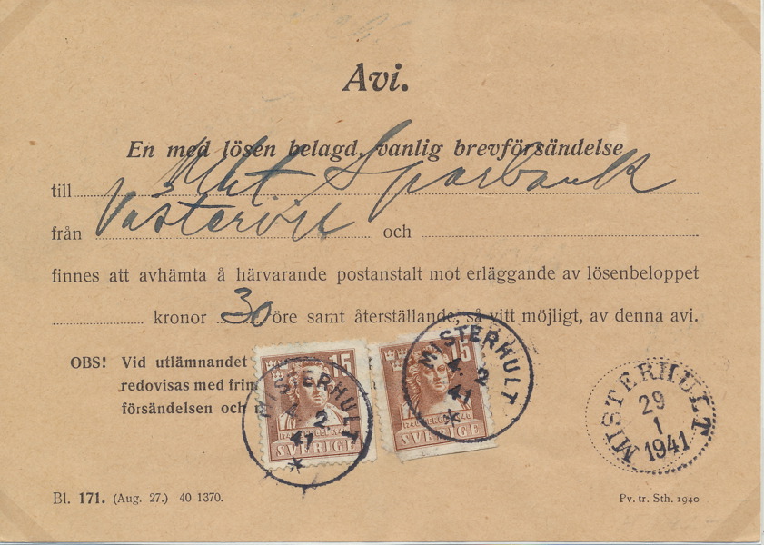 F326A x2. Avi om lösenbelagt vanlig brevförsändelse, 30 öre.