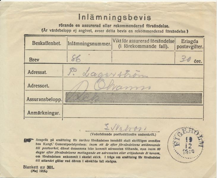 KVITTO. Inlämningsbevis för registrerad eller rekommenderade brev 1919