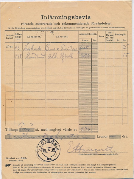 Inlämningsbevis för värdeförsändelser 1918