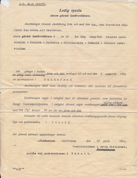 Blankett för anställning som "gående lantbrevbärare" 16 km lång ringlinje 1926