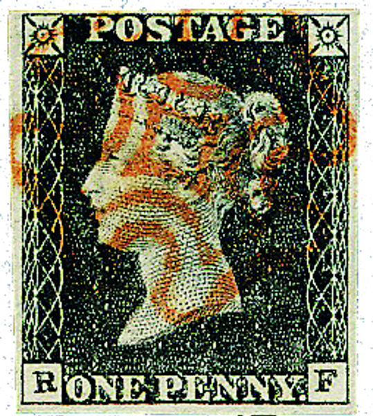 ENGLAND. Mi 1 One Penny Black med fina marginaler och hörnbokstäver R * F. Lätt stämplat med helt rött Malteserkors