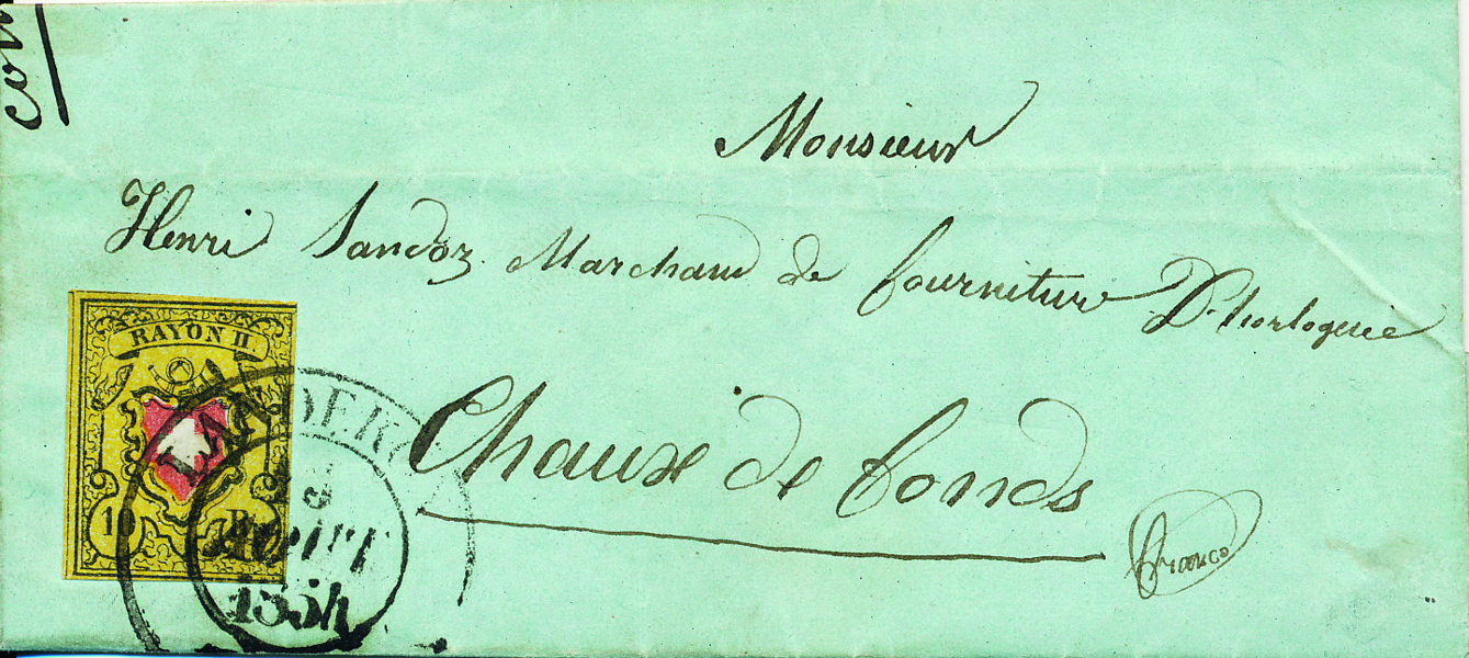 SCHWEIZ. Mi 8 RAYON II 10 Rp svart/röd på litet brev stämplat rundstämpel LANDERON 1854