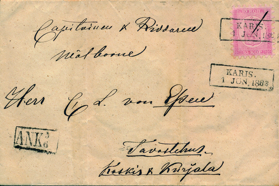 FINLAND. F4c C1 - 10 kopek lilarosa, helt och felfritt märke på vackert inrikes brev till Tavastehus, stämplat KARIS 1 JUN 1863