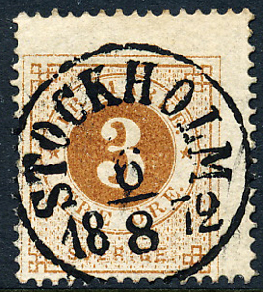 F17b 3 öre gulbrun i klar färg t.14 STOCKHOLM 6.8.1872 