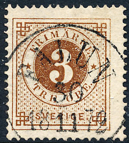 F17d 3 öre orangebrun, gulakt. papper t.14 FALUN 30.11.1872