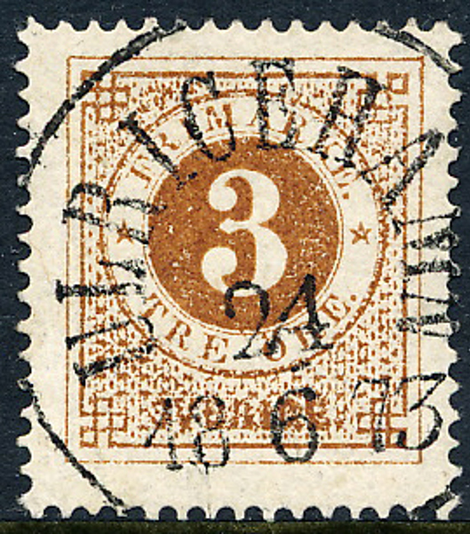 F17d 3 öre orangebrun, gulakt. papper t.14 ULRICEHAMN 24.6.1873 Praktexemplar