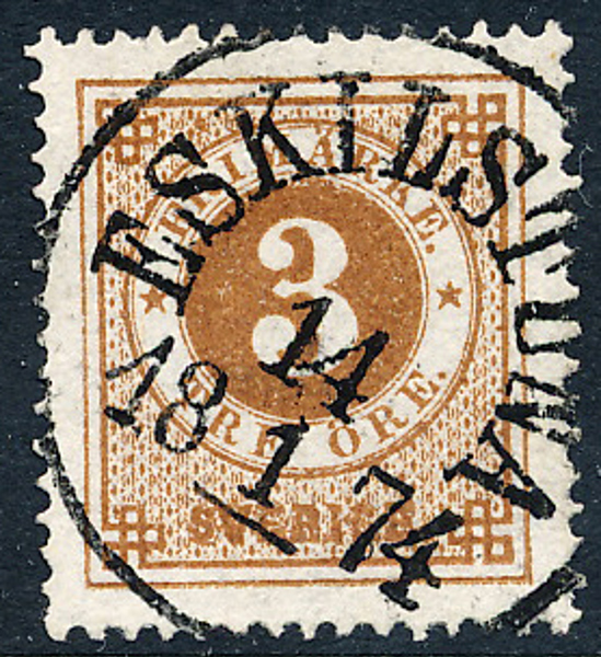 F17e 3 öre orangebrun, vanligt papper t.14 ESKILSTUNA 14.1.1874. Praktexemplar