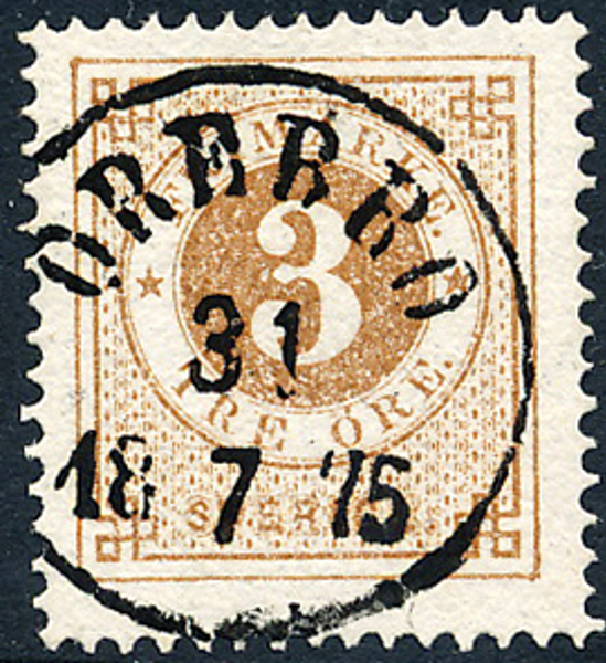 F17f 3 öre gulakt, orangebrun t.14 ÖREBRO 31.7.1875. Praktexemplar