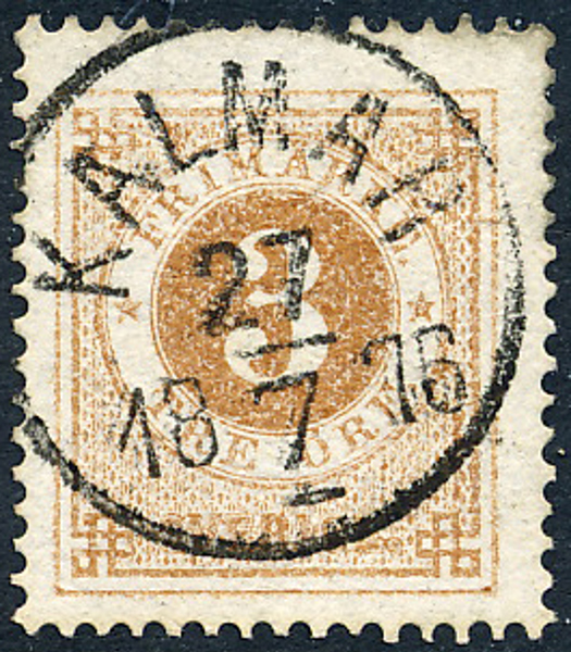 F17f 3 öre matt orangebrun t.14 KALMAR.27.7.1876. Praktexemplar