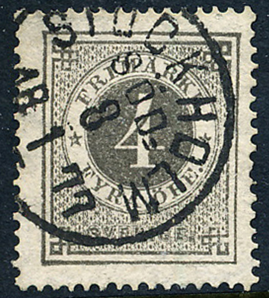 F18a 4 öre mörkgrå t.14 STOCKHOLM SÖD 8.1.1877