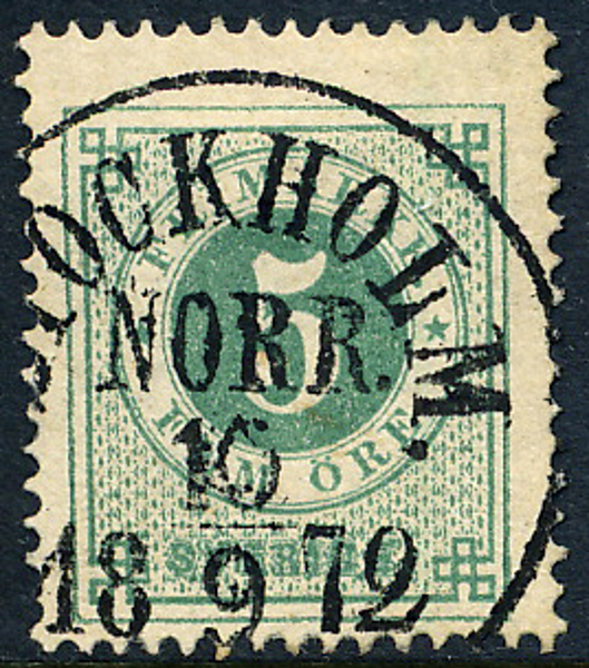F19a 5 öre matt blåakt. grön på gulakt. papper, t.14 STOCKHOLM NORR 10.12.1872