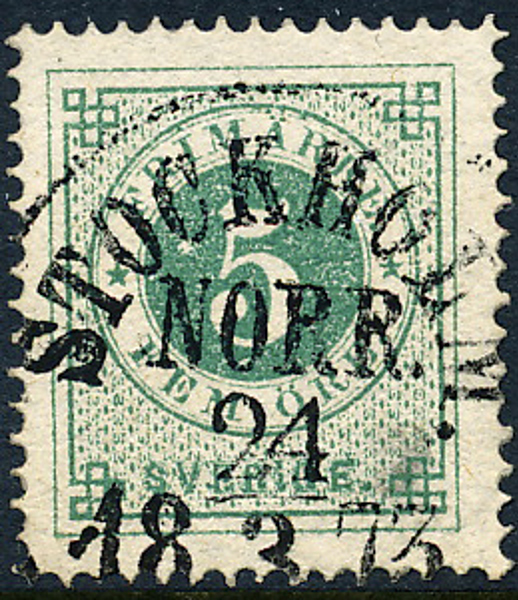 F19b 5 öre ljust blåakt. grön, vitt papper, t.14 STOCKHOLM NORR 24.3.1873. (Nyans O.P.) Praktexemplar