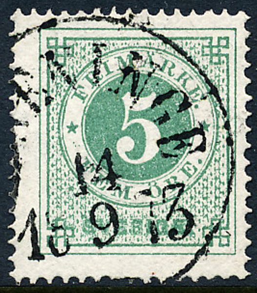 F19b 5 öre matt blåakt. grön, vitt papper, t.14 STENINGE 14.9.1873. 