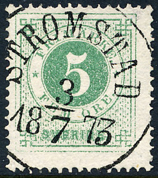 F19c 5 öre blågrön (smaragdgrön), t.14 STRÖMSTAD 3.7.1873. 