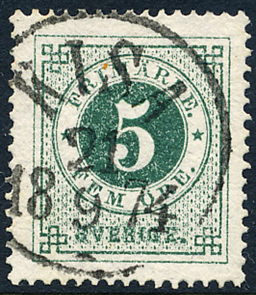 F19d 5 öre blågrön, t.14 KISA 21.9.1874. 