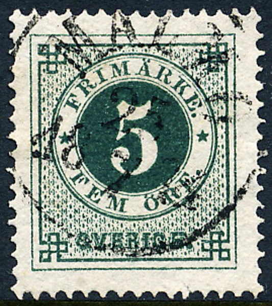 F19e 5 öre mörkt blåakt. grön, t.14 MALMÖ 25.7.1874.e