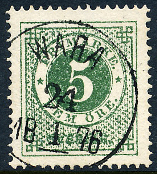F19f 5 öre grön, kornigt tryck t.14 WARA 24.1.1876. Prakt