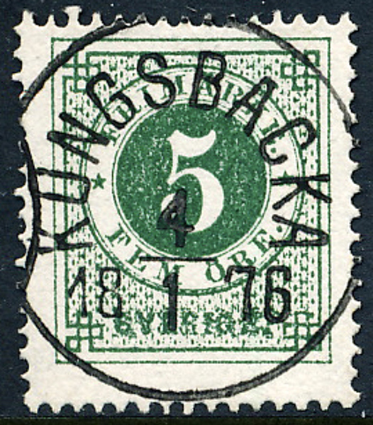 F19g 5 öre mörkgrön, slätt tryck, t.14 KUNGSBACKA  4.1.1878. Lyxstämpel