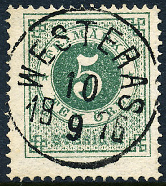 F19h 5 öre matt blåakt. grön, t.14 WESTERÅS 10.9.1876. Praktexemplar