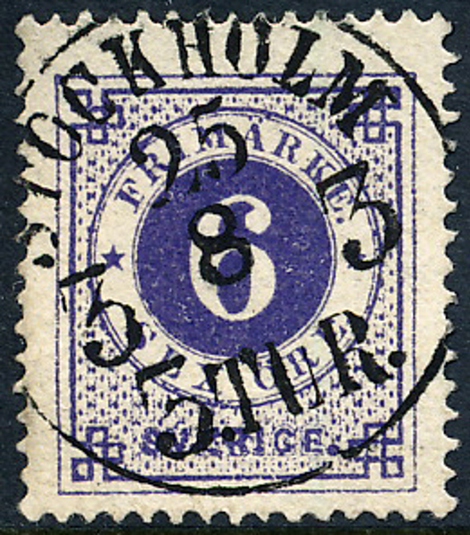 F20b 6 öre ultramarin violett, gulakt papper, t.14 STOCKHOLM 3 TUR 25.8. Praktexemplar