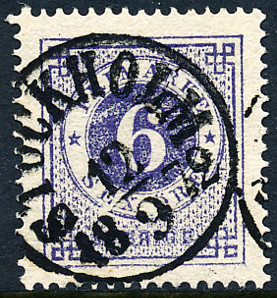 F20b 6 öre ultramarin violett, gulakt papper, t.14 STOCKHOLM 12.9.1872