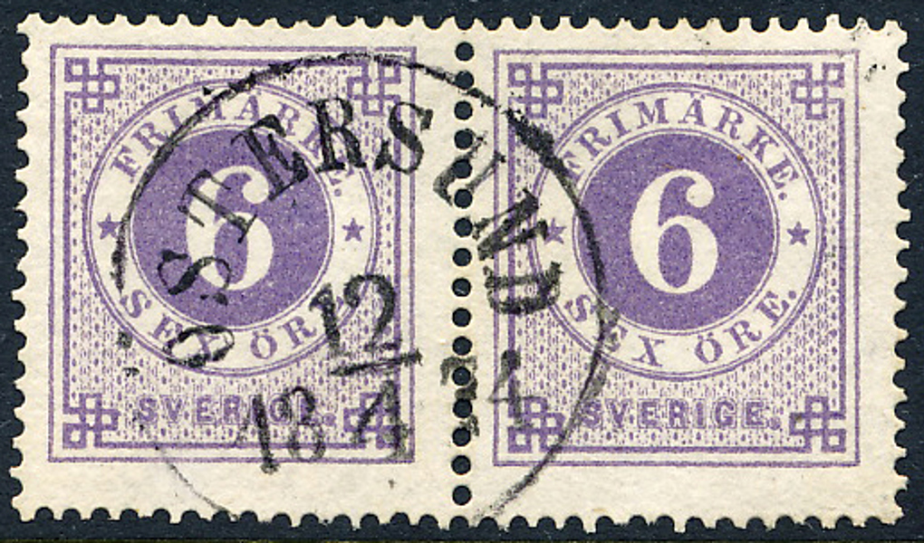 F20d par 6 öre blåakt. lila, slätt tryck t.14 ÖSTERSUND 12.4.1874